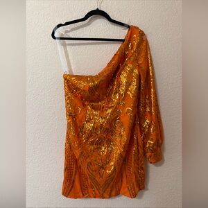 NWOT HY Mini Party Wedding Dress 16 Gown One Shoulder Orange Sequins Balloon Slv